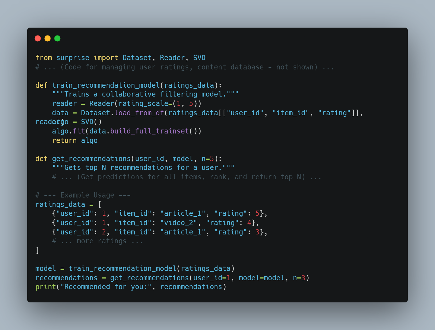 A screenshot of Python code for a recommendation system. The code uses the Surprise library's Dataset, Reader, and SVD modules. There are two functions: one to train the recommendation model () using user ratings data, and another to get recommendations (). An example usage illustrates how to train the model with sample  and retrieve recommendations for a user with ID 1.