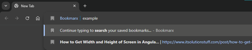 A snippet of the chrome omnibox or url bar with the Bookmarx shortcut to search bookmars engaged and an example search result showing.