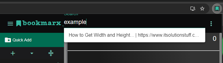 A snippet of the Bookmarx extension opened and the input text 'example' in the new search bar, showing the result for a link.