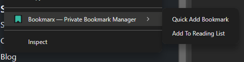 A snippet of the new bookmarx context menu options showing quick add bookmark and add to reading list options.