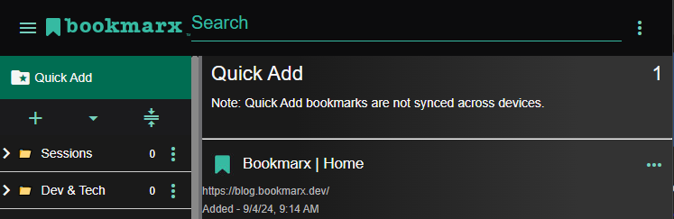 A snippet of the bookmarx extension showcasing the new quick add default folder option and the example added bookmark in the output.