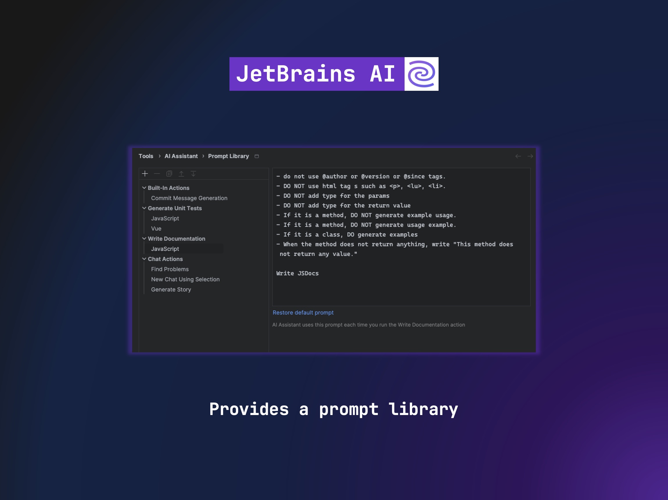 Screenshot of JetBrains AI interface with a highlighted Write Documentation prompt for JavaScript, displaying guidelines for writing JSDocs. A note below reads: 'Provides a prompt to Write Documentation.