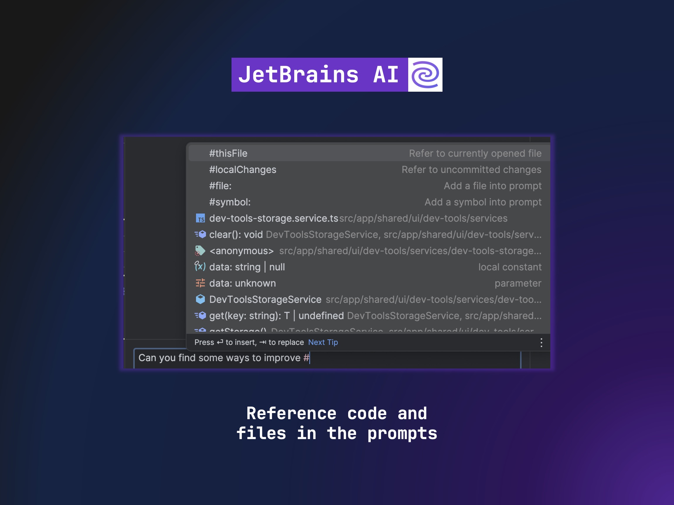 A screenshot displaying a code editor with the JetBrains AI tool. It shows an auto-completion popup suggesting various code elements such as files, symbols, and functions.