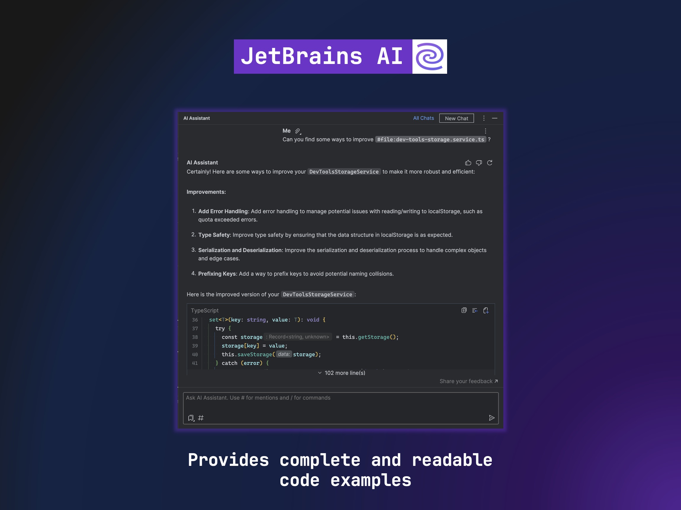 Screenshot of JetBrains AI, showing a chat window where the AI Assistant provides suggestions to improve code for better error handling, type safety, serialization, deserialization, and prefixing keys. The suggestions are accompanied by a sample code snippet.