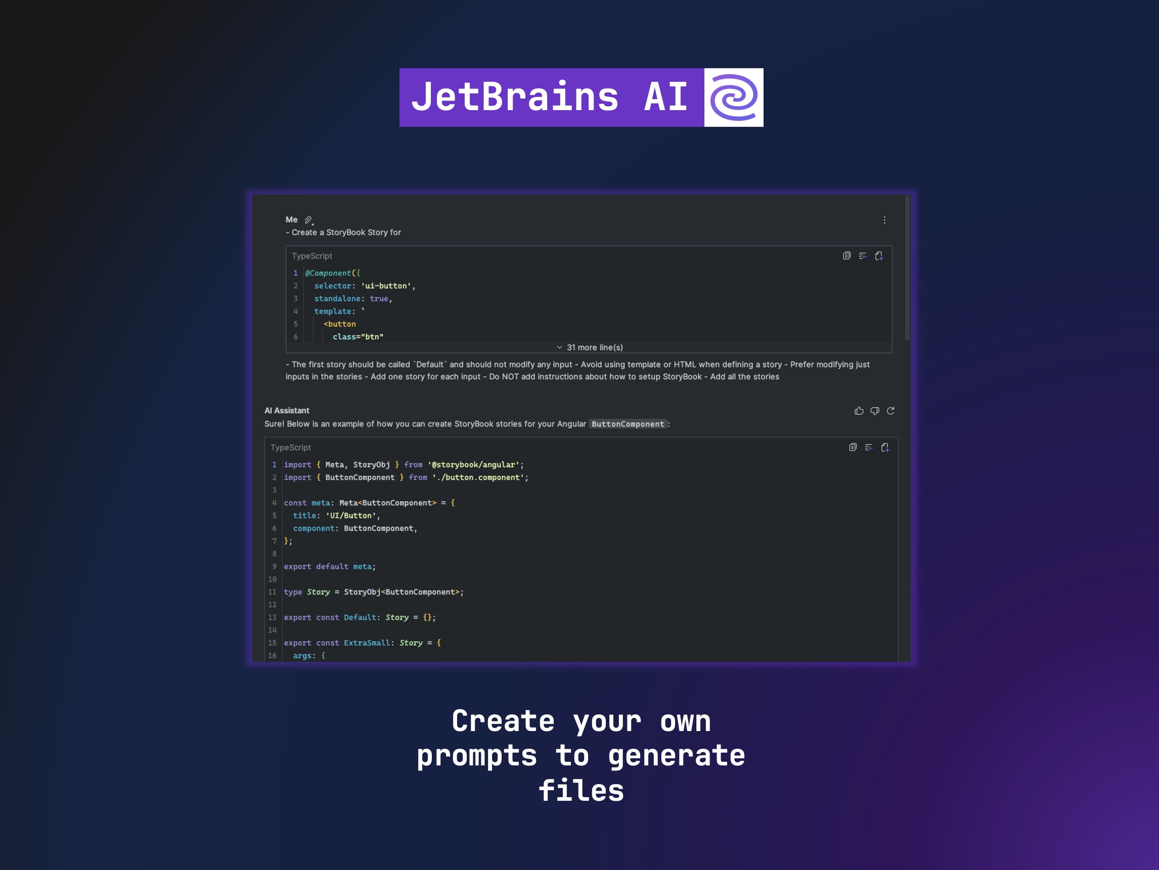 Screenshot of JetBrains AI interface, featuring a TypeScript code prompt to create a StoryBook story, and its AI-generated response with example code.