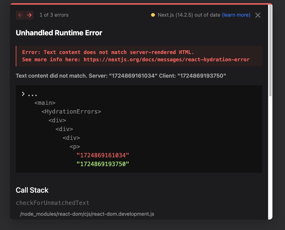 Mismatch text content from server and client hydration error.