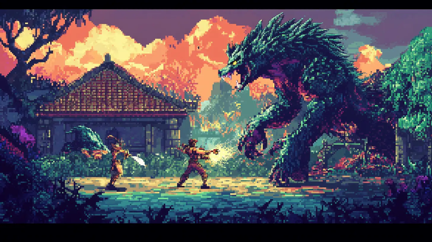 Pixel-style retro game scene, a hero fighting monsters, vibrant colors, reminiscent of 90s arcade games.