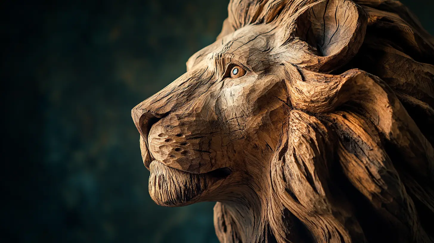 A wooden lion sculpture, with a rough texture, reflecting dim lighting, set in a dark room.