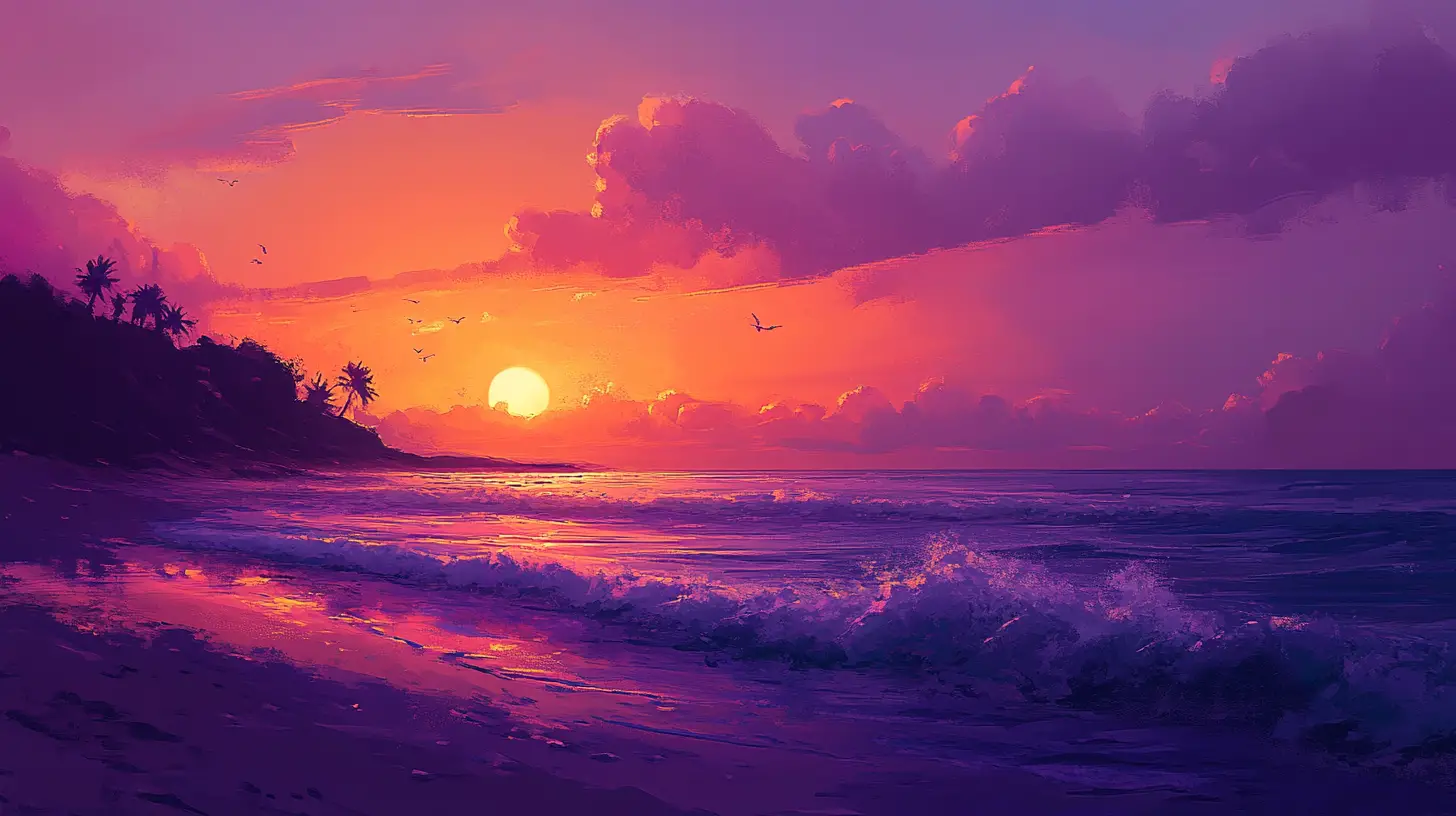 A seaside at dusk, the sky a gradient of purple and orange, waves gently crashing onto the shore, with a romantic and dreamy vibe.