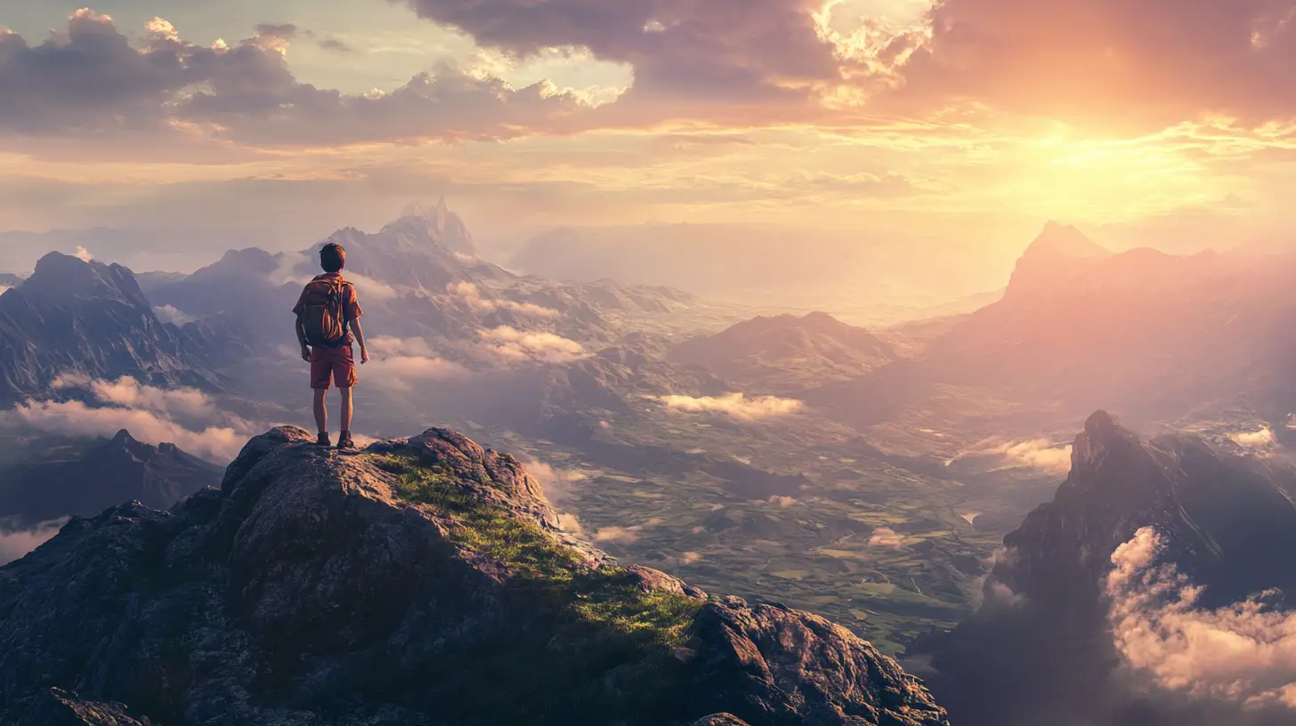 A young adventurer standing on a mountain peak, overlooking a vast landscape bathed in the morning light, feeling free and full of hope.