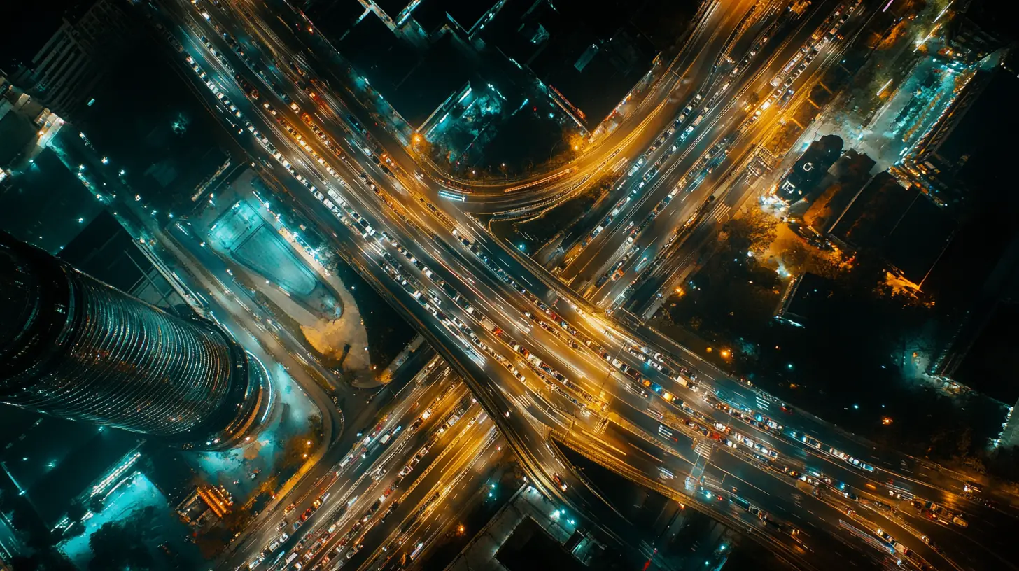 A bird's-eye view of a busy city at night, cars flowing like rivers, city lights shining brightly.