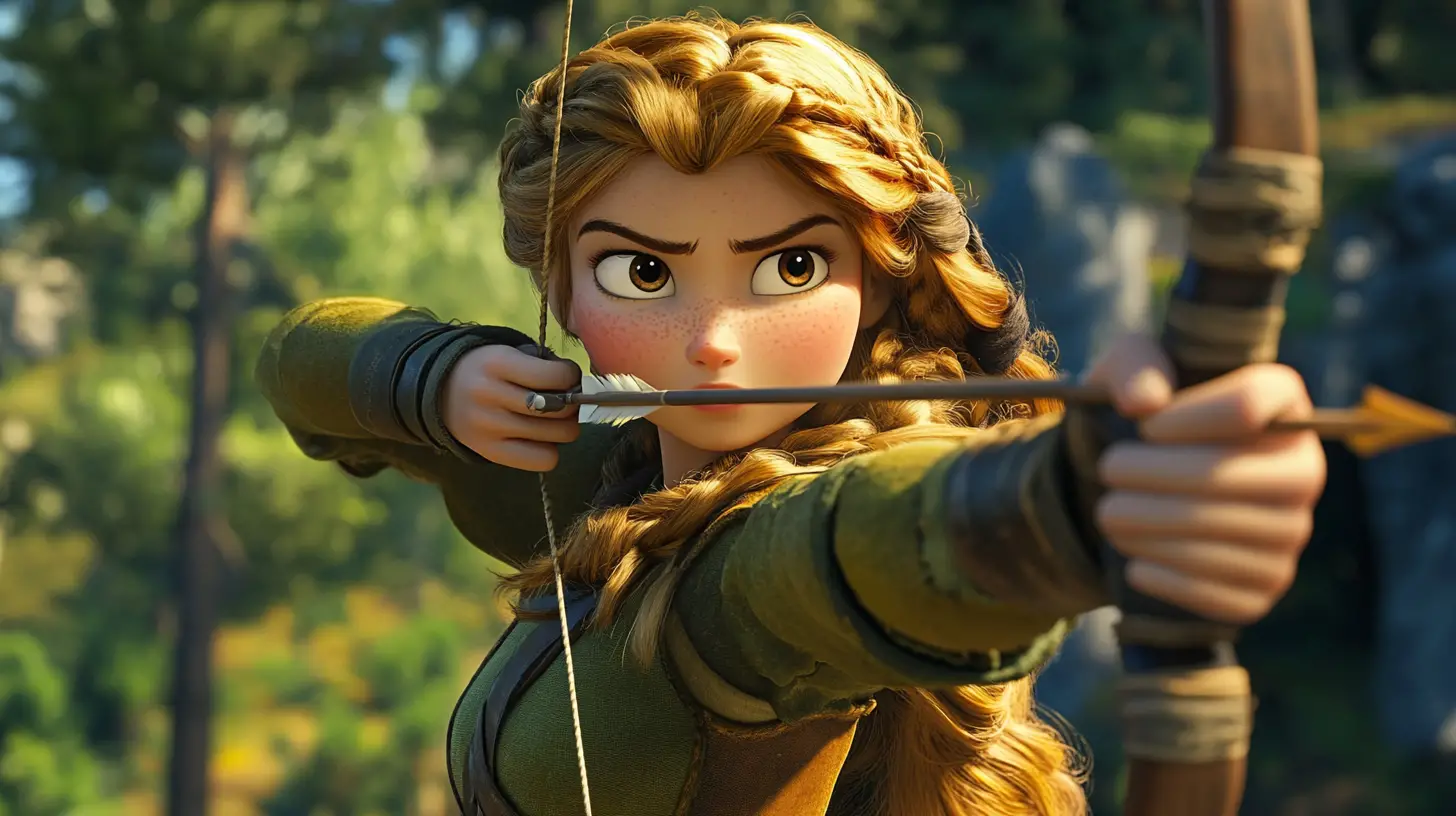 Pixar 3d animation, a medieval woman wearing a ranger suit raised her bow and drew it towards the camera, preparing to fire, with a focused face --ar 16:9 --v 6.1