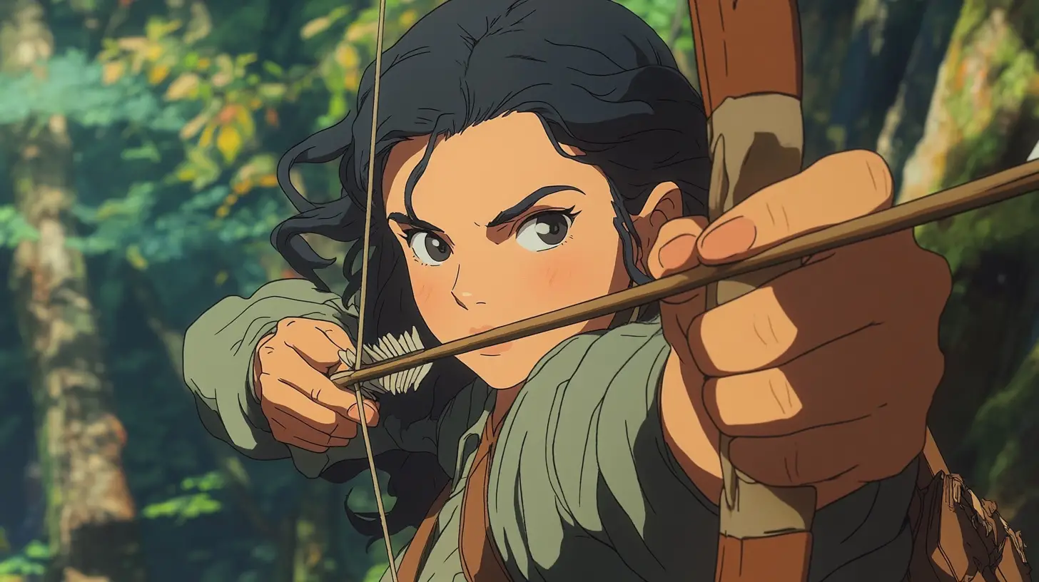 Ghibli animation, a medieval woman wearing a ranger suit raised her bow and drew it towards the camera, preparing to fire, with a focused face --ar 16:9 --v 6.1