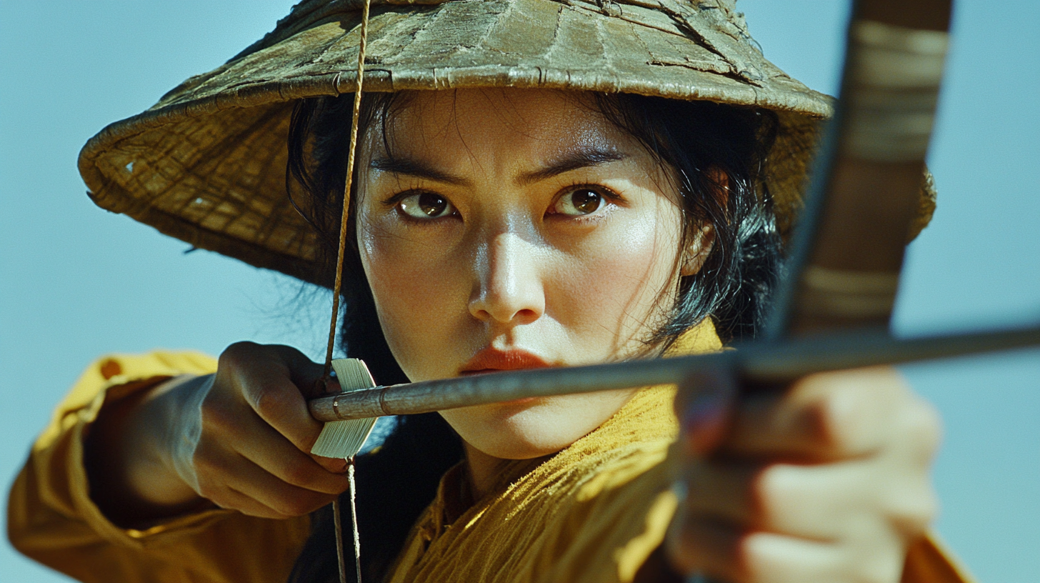 1980s Hong Kong movie film, a medieval woman wearing a ranger suit raised her bow and drew it towards the camera, preparing to fire, with a focused face --ar 16:9 --v 6.1