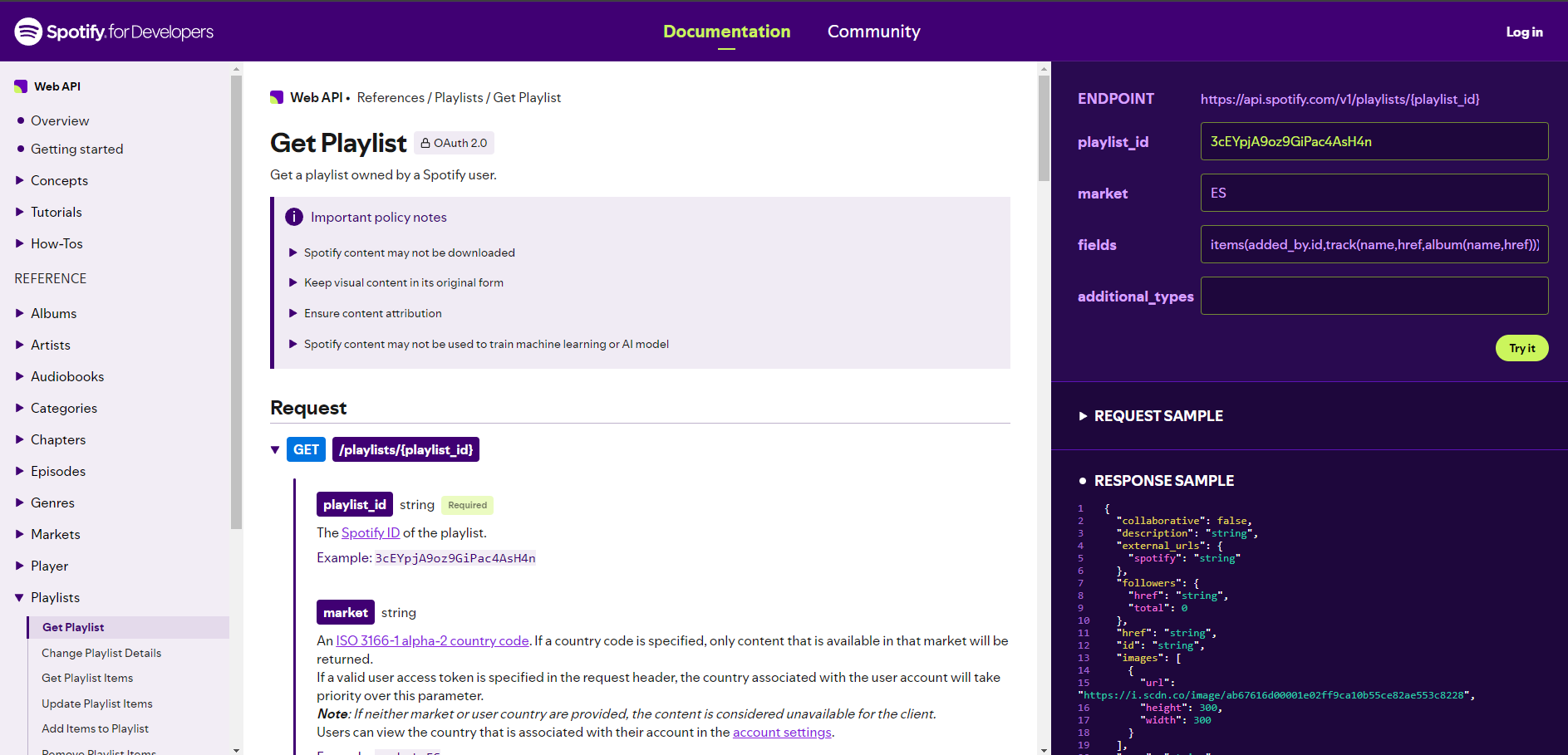 Viewing the "Get Playlist" Spotify API documentation