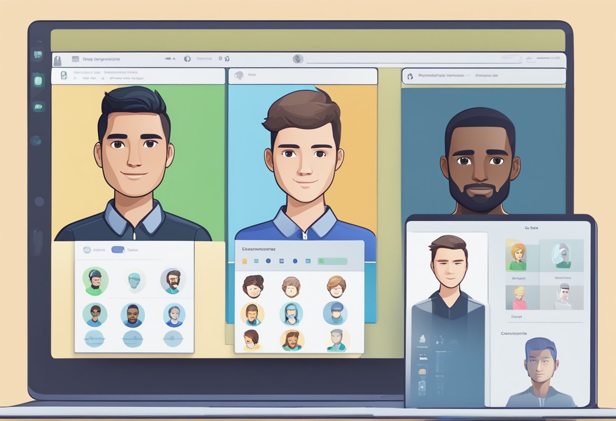 A laptop screen displays multiple illustrated user profiles with diverse avatars. Various options for customizing avatars are shown, including different hairstyles and colors. A tablet with additional user profiles is shown in the foreground. The background color of each profile is different, indicating selections or different settings.