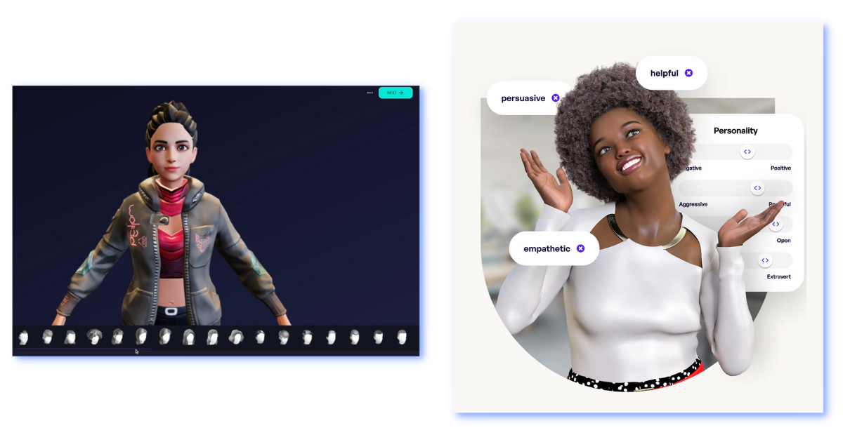 The image is split into two sections. The left side shows a 3D animated character of a person wearing a jacket, with a row of different facial expressions available at the bottom. The right side features a 3D animated character of a person with curly hair, smiling and raising their hands, surrounded by words like "persuasive," "empathetic," and "helpful," along with sliders displaying different personality traits such as "Negative to Positive" and "Aggressive to Playful."