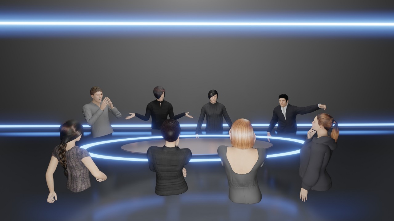 A group of eight animated figures stands around a circular, illuminated table in a futuristic, dimly lit room with glowing blue lines on the walls.