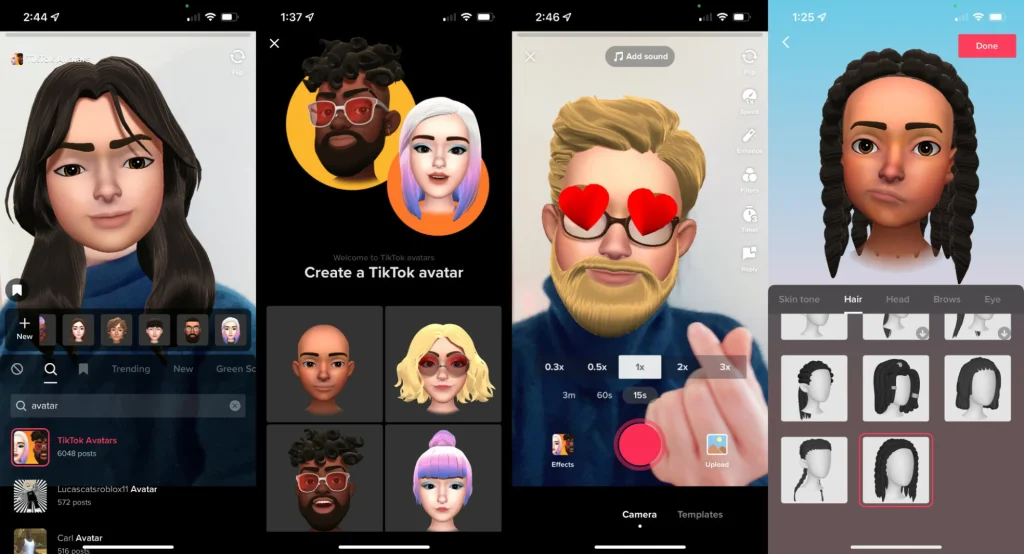 Screenshots from the TikTok app showcasing the process of creating custom avatars. The interface includes options to select different facial features, hairstyles, and accessories. The middle screenshot shows a bearded avatar with heart-shaped eyes.