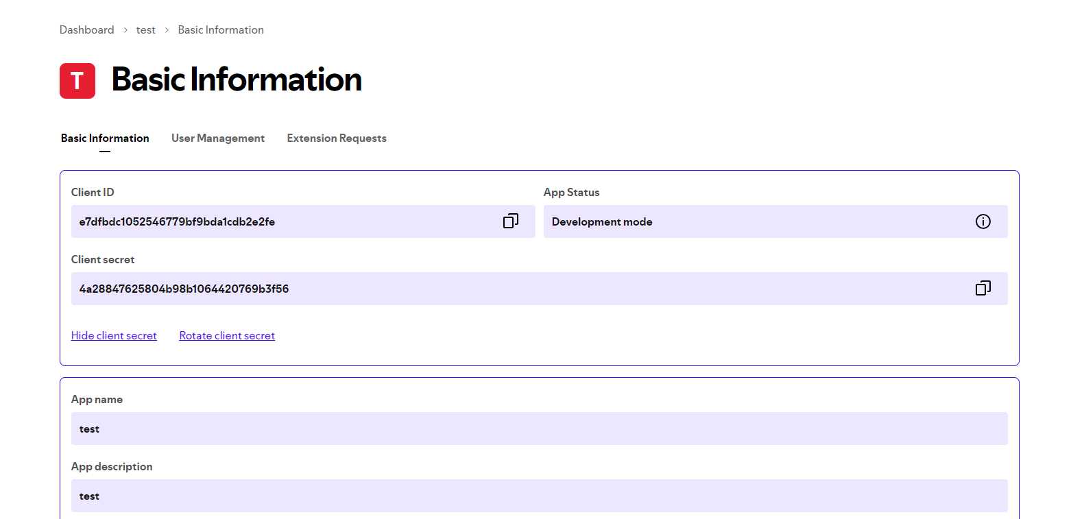 Viewing detailed information for the created "test" application in the Spotify API Developers dashboard