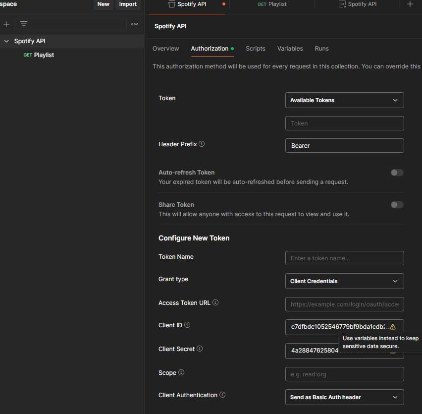 Setting up the "Authorization" for the Spotify API collection in Postman