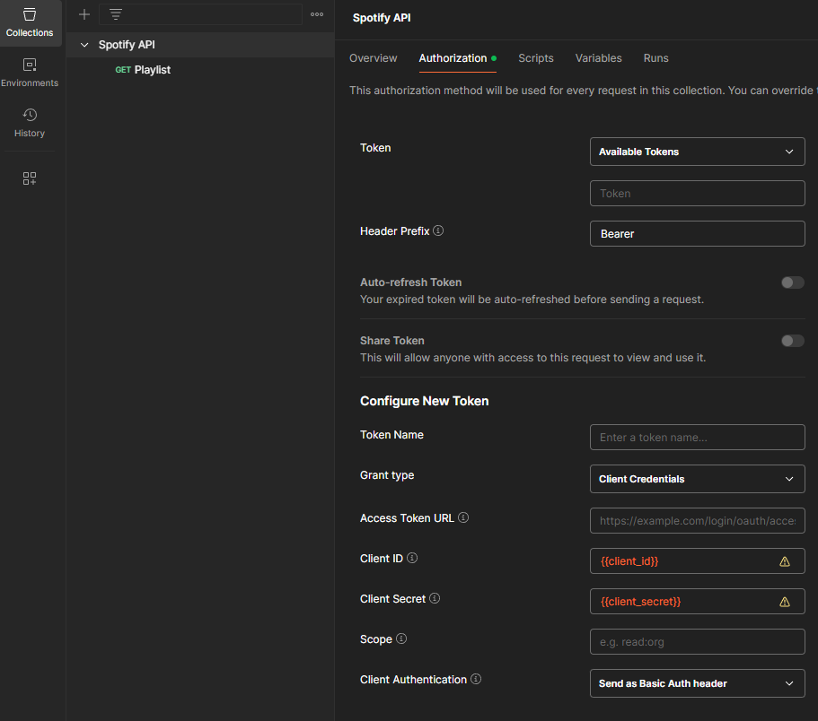 Updating the "Authorization" for the Spotify API collection with environment variables in Postman