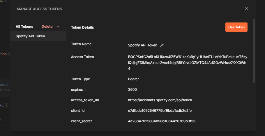 Viewing detailed information about the created access token in Postman