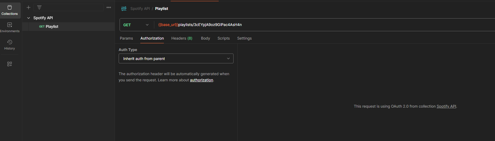 Viewing the "Auth Type" for the HTTP request within the Spotify API collection in Postman