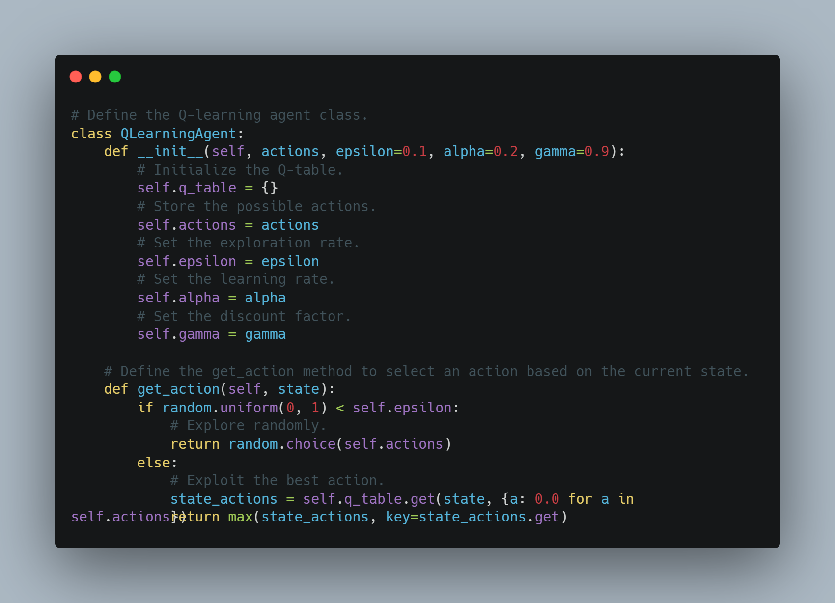 A screenshot of Python code defining a Q-learning agent class. The code includes an  method for initializing the Q-table, actions, epsilon, alpha, and gamma parameters, and a  method for selecting actions based on the current state, using either random exploration or exploitation of the best action.