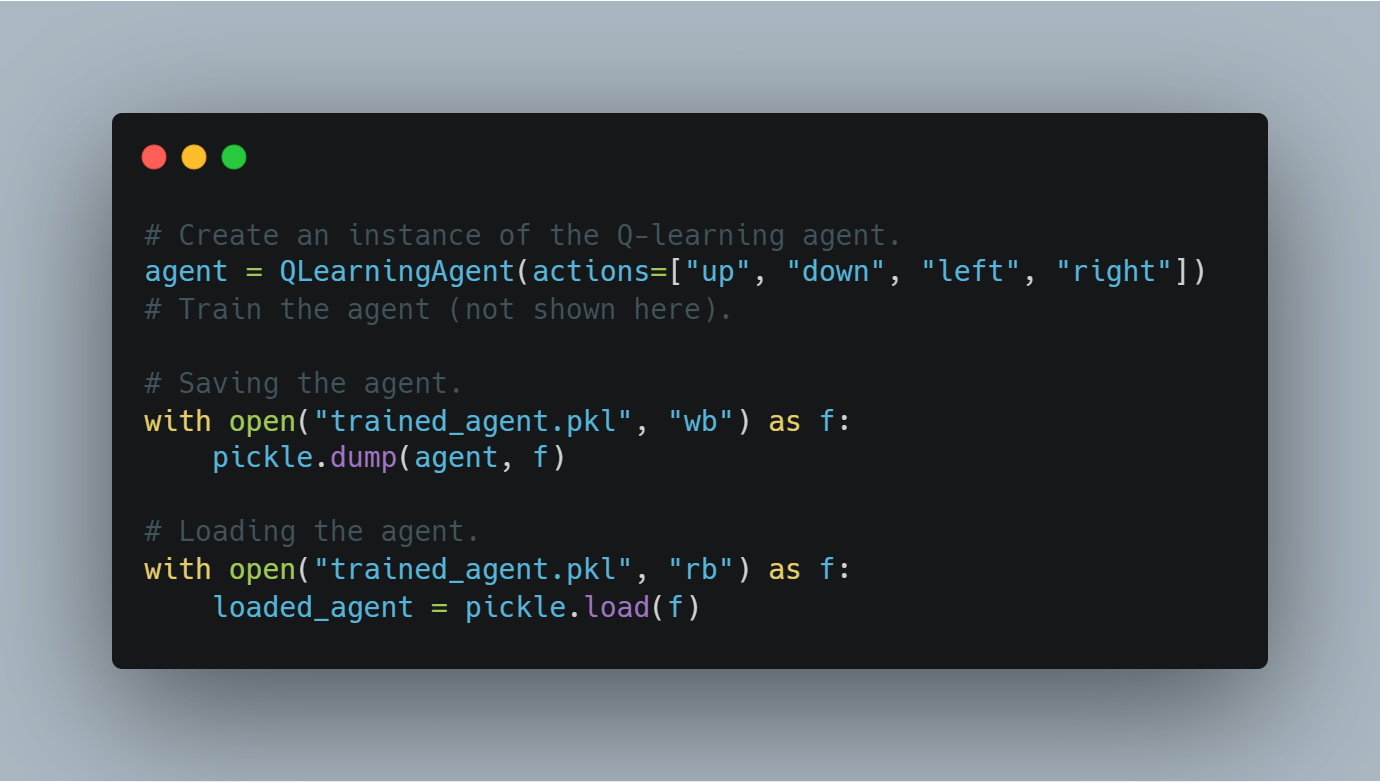 A code snippet demonstrating how to create, save, and load a Q-learning agent using Python. It creates an instance of a Q-learning agent with actions 'up,' 'down,' 'left,' and 'right,' saves it to a file 'trained_agent.pkl,' and then loads the agent back from the file. The training step is indicated but not shown. - lunartech.ai