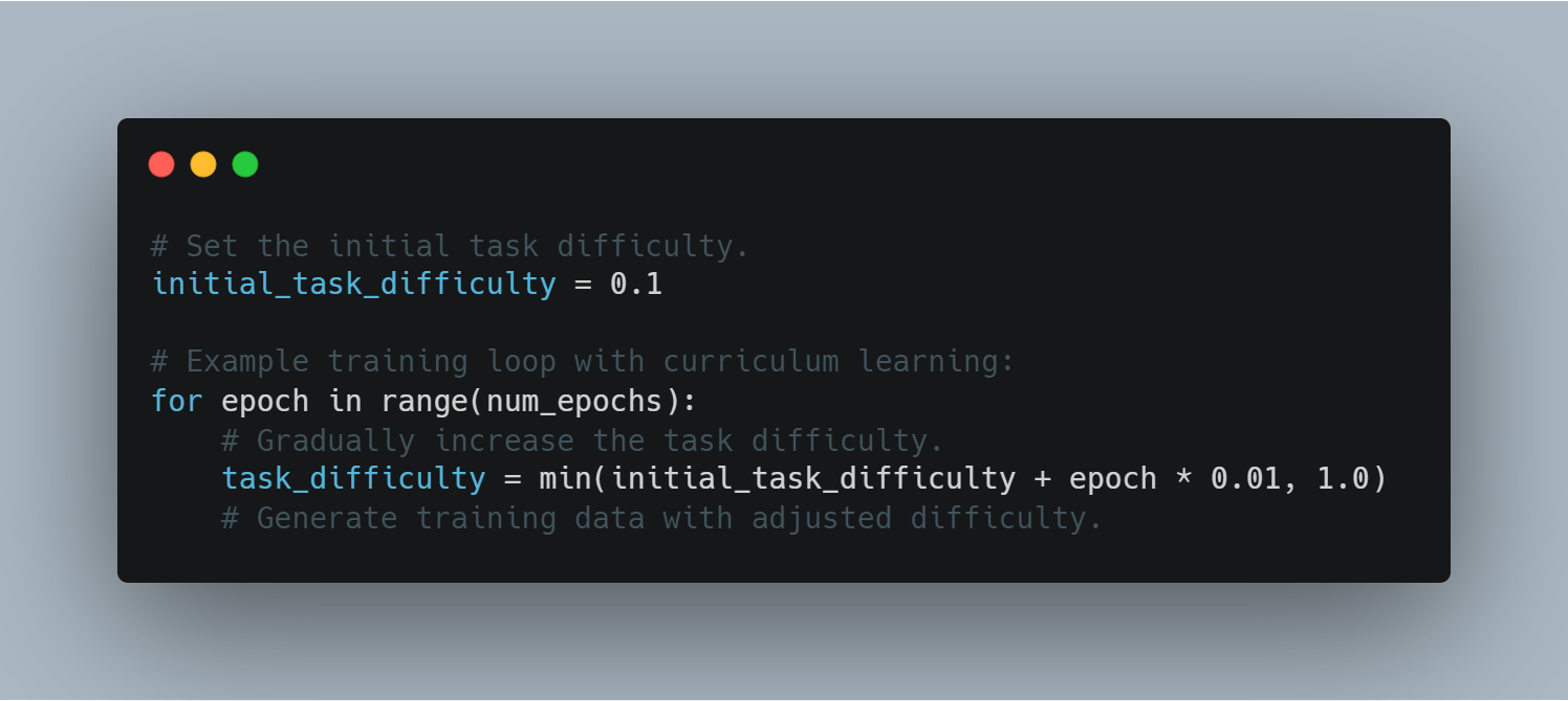 A screenshot of a code snippet displayed in a dark-themed code editor. The code initializes the task difficulty and includes a loop that gradually increases the task difficulty with each epoch during curriculum learning. - lunartech.ai