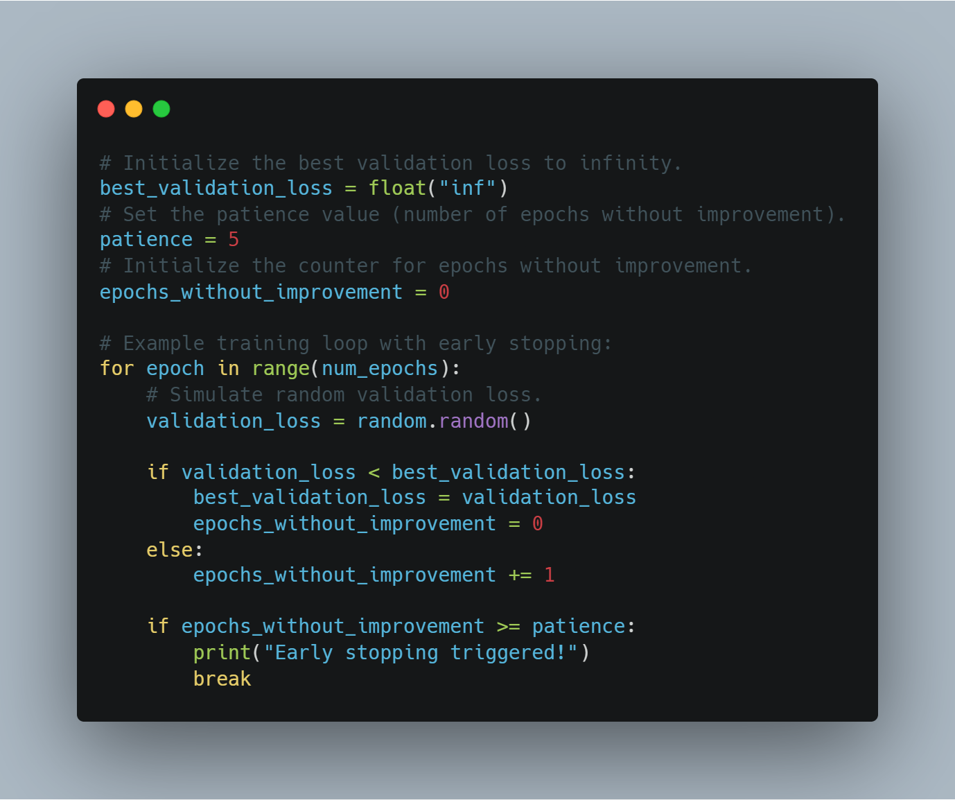 A code snippet demonstrating early stopping in a training loop. The code initializes the best validation loss, sets a patience value, and counts epochs without improvement. The loop runs through a set number of epochs, updating the best validation loss and checking against the patience value to determine if early stopping should be triggered. - lunartech.ai