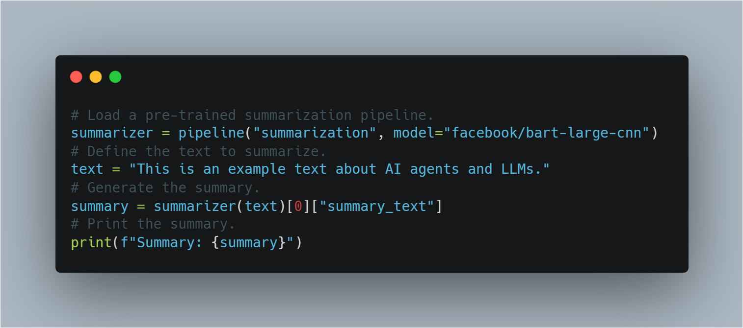 Screenshot of Python code for text summarization using Hugging Face's transformers library. The code loads a pre-trained summarization pipeline and summarizes a sample text about AI agents and large language models (LLMs). - lunartech.ai