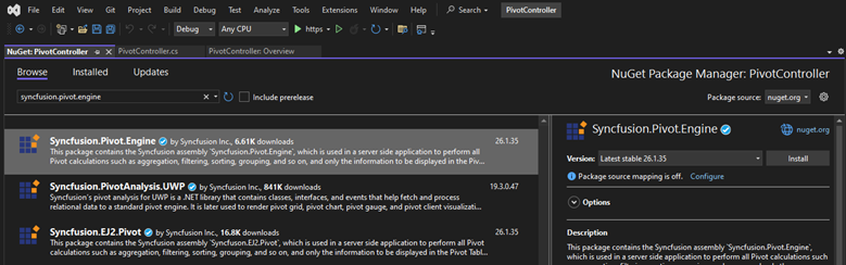 Install the Syncfusion.Pivot.Engine NuGet package