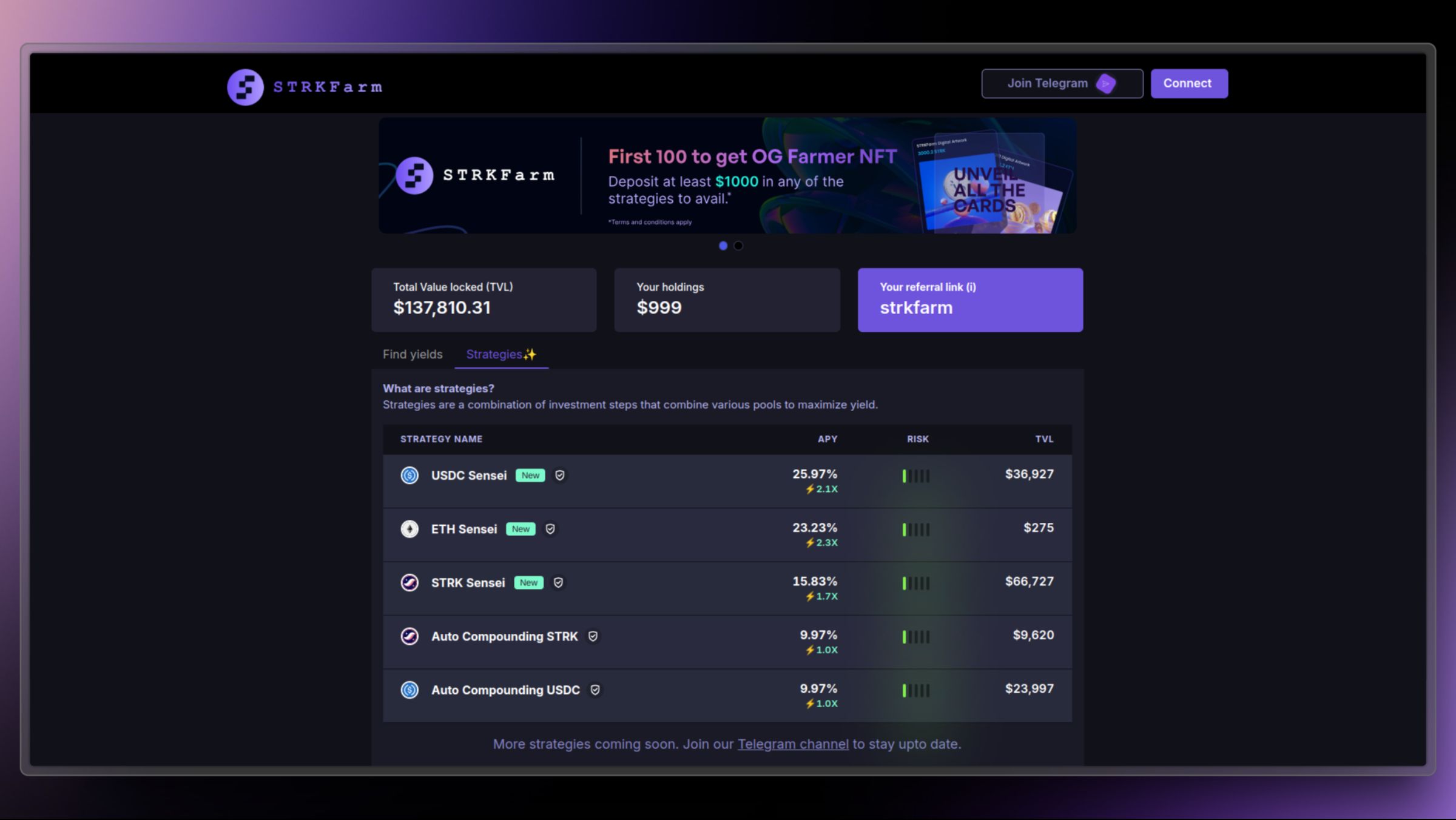 Screenshot of a DeFi platform interface named STRKFarm, showing pooled investment strategies. Displays total value locked (TVL) of $137,810.31 and user holdings of $999. Lists strategies including USDC Sensei, ETH Sensei, STRK Sensei, and Auto Compounding, with details on APY and risk levels. The page encourages joining Telegram and connecting.