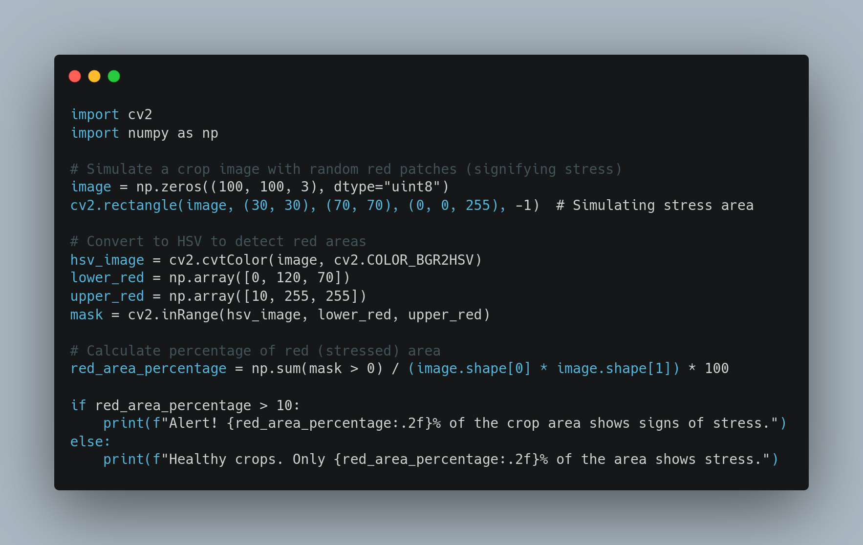 The image shows a Python script for detecting and calculating the percentage of red areas in an image, which simulates stressed crop patches. The script uses OpenCV and NumPy libraries to create an image with a red rectangle, convert the image to HSV color space, detect the red areas, and then print a message based on the percentage of detected red areas indicating stress. - lunartech.ai