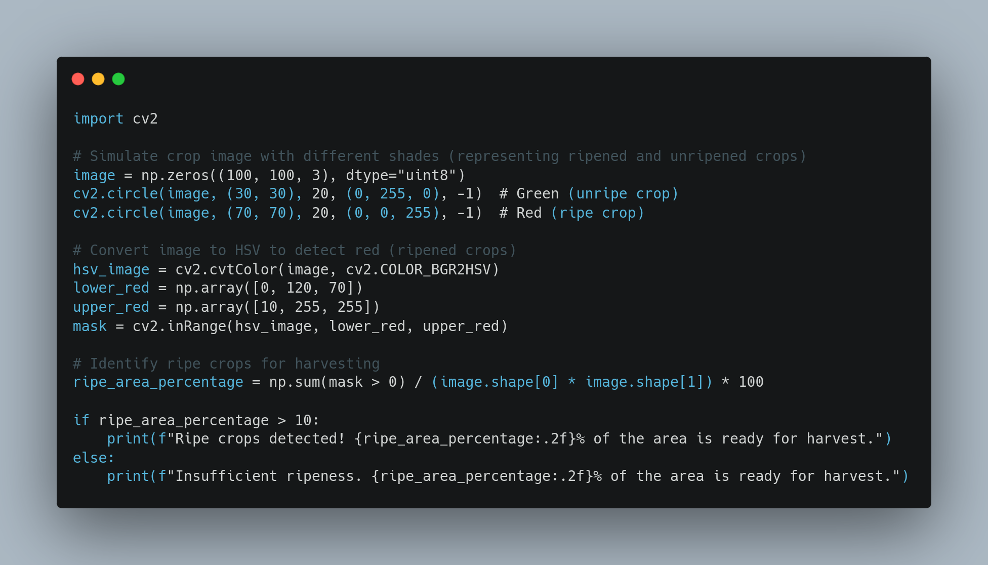 A screenshot of a Python code snippet using OpenCV and NumPy libraries to detect and identify ripe crops. The code simulates an image with different shades representing ripened and unripened crops, converts the image to HSV color space, creates a mask to detect red (ripened) areas, and calculates the percentage of the image that is ripe. The result is printed based on the percentage of ripe crops detected.