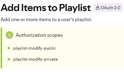 Recognizing the mentioned "Authorization scopes" for the "Add Items to Playlist" endpoint in the Spotify API