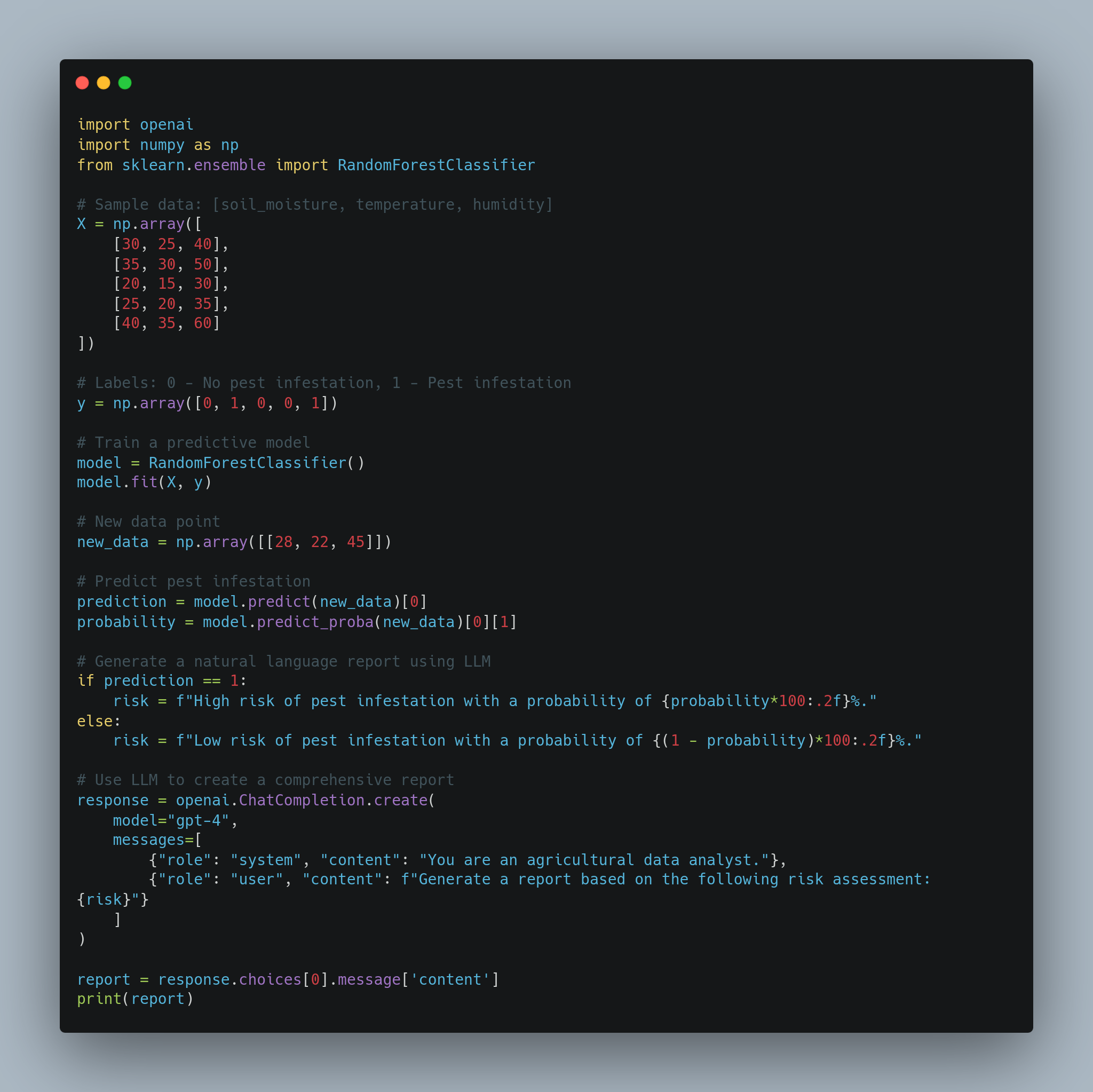 A screenshot showing a Python script for predicting pest infestation using machine learning and a language model. The script imports necessary libraries, defines sample data, and uses a RandomForestClassifier to train a predictive model. It then generates a natural language report on pest infestation risk assessment using OpenAI's GPT-4. - https://lunartech.ai