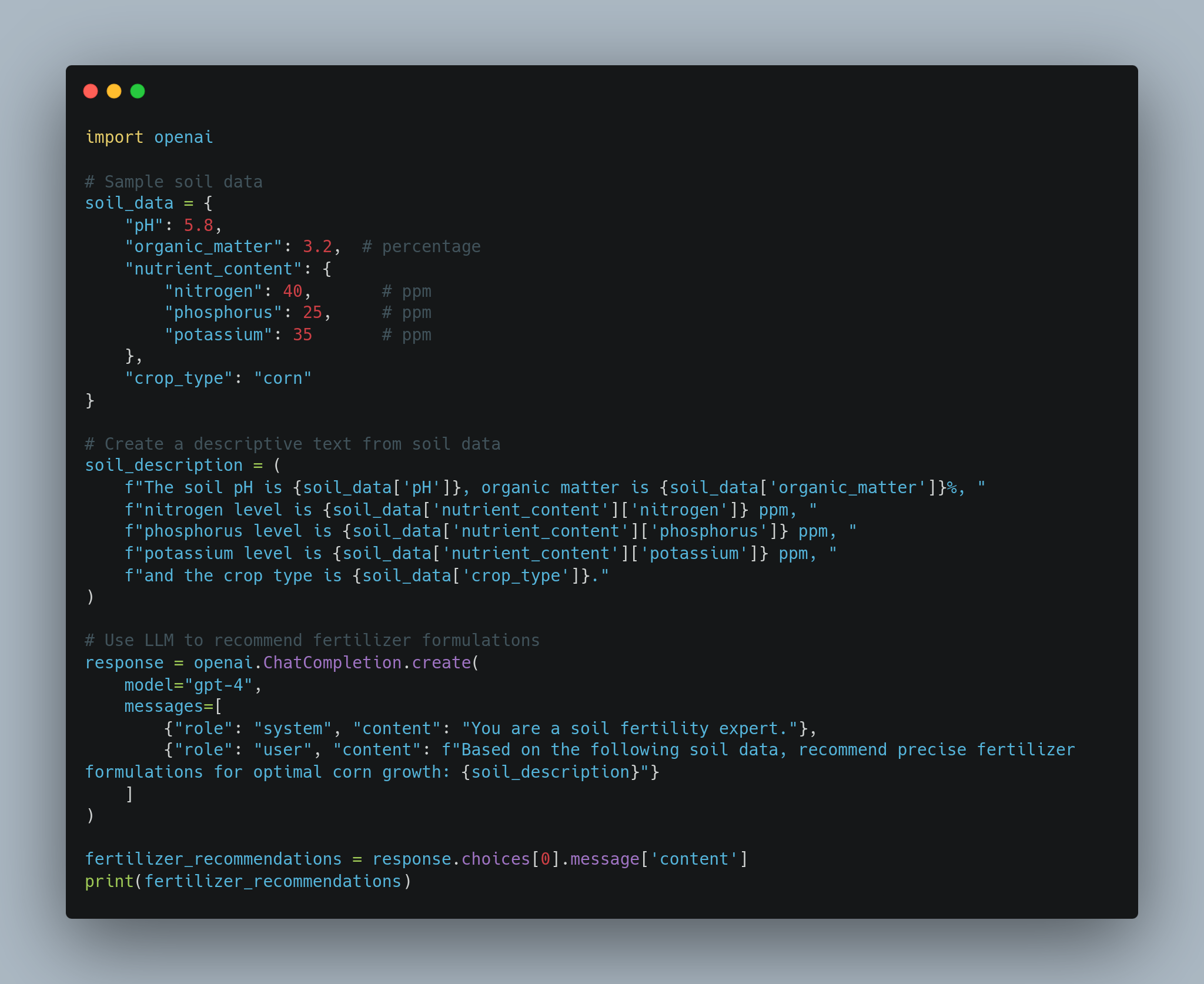 A code snippet is displayed showing the use of the OpenAI GPT-4 model to generate soil fertility recommendations. The script includes sample soil data, constructs a descriptive text from this data, and queries the GPT-4 model for fertilizer formulations based on the soil description.