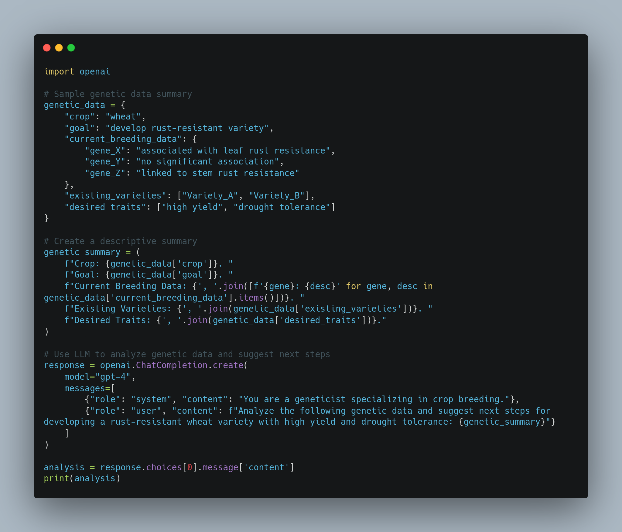 A screenshot of Python code that imports the OpenAI library and includes a genetic data summary for wheat. It defines variables and functions to create a descriptive summary of the genetic data, and uses an LLM (Large Language Model) to analyze the genetic data and suggest next steps for developing a rust-resistant wheat variety with high yield and drought tolerance. - lunartech.ai