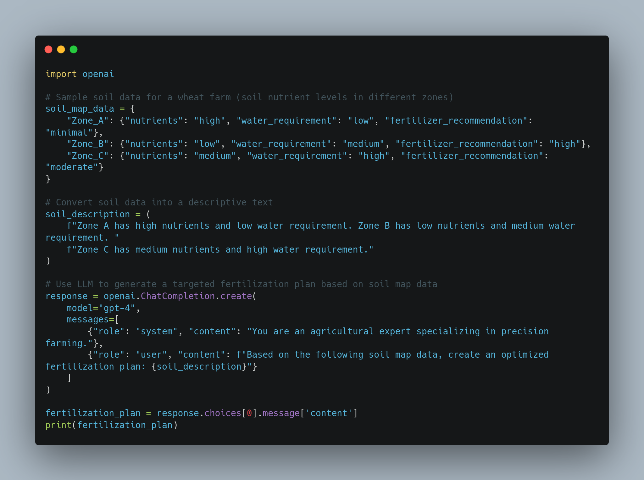 A screenshot displaying a Python script that uses the OpenAI API to generate a fertilization plan based on soil map data for a wheat farm. The script includes sample data for nutrients, water requirements, and fertilizer recommendations for different zones of the farm. The script converts soil data into descriptive text and uses a language model to create a targeted fertilization plan. The response and final fertilization plan are printed out. - lunartech.ai