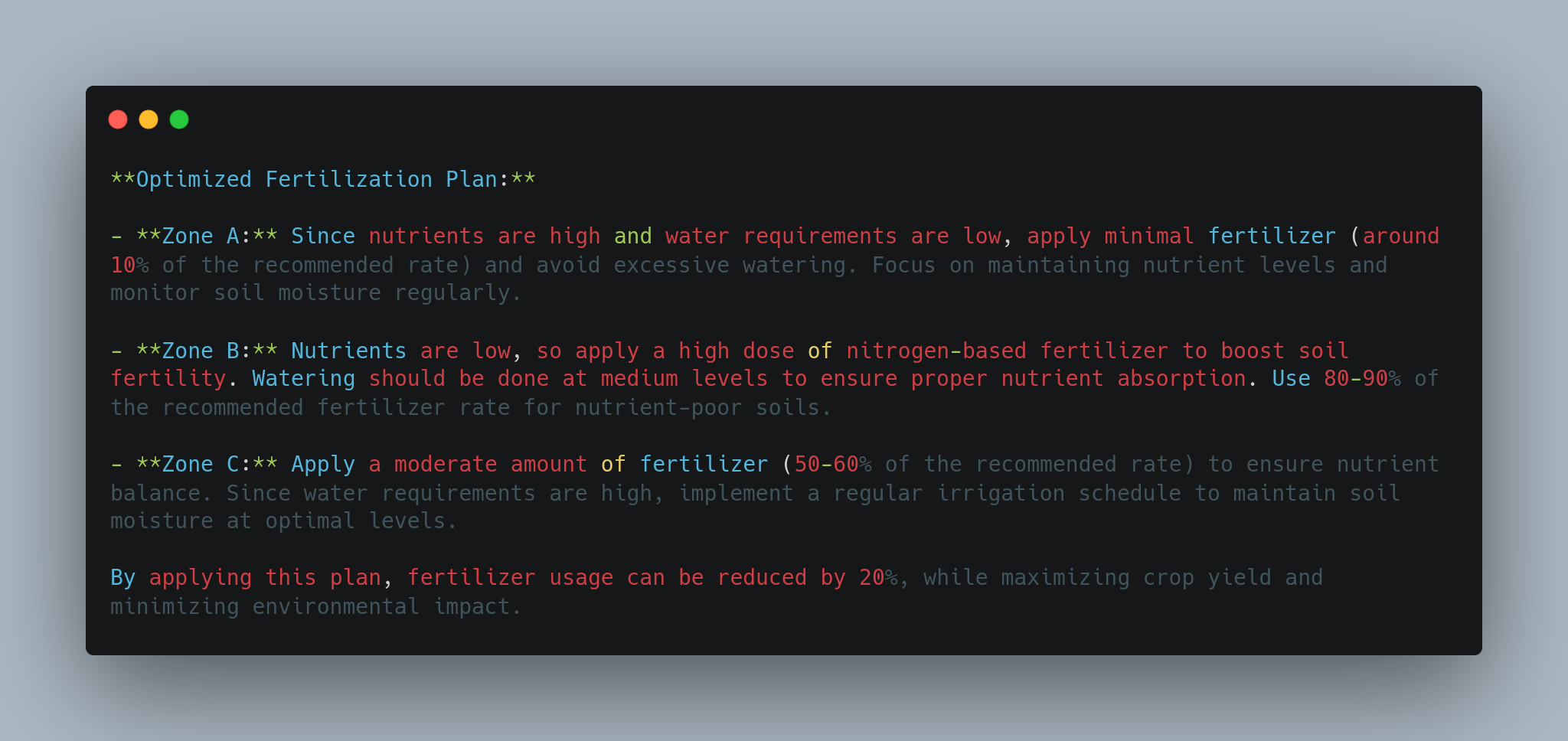 Optimized Fertilization Plan with three zones:- Zone A: High nutrients, low water requirement; apply 10% of recommended fertilizer, avoid excessive watering.- Zone B: Low nutrients; apply 80-90% nitrogen-based fertilizer, medium watering.- Zone C: Moderate fertilizer (50-60%); high water requirement, regular irrigation.Applying this plan can reduce fertilizer use by 20%, while maximizing crop yield and minimizing environmental impact. - lunartech.ai