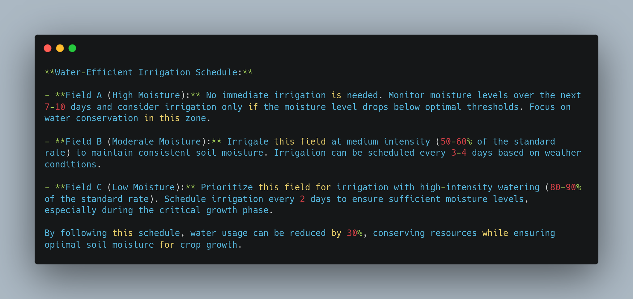 A screenshot displaying a "Water-Efficient Irrigation Schedule" with three field categories: Field A (High Moisture), Field B (Moderate Moisture), and Field C (Low Moisture). Each category has specific irrigation guidelines aimed at conserving water and ensuring optimal soil moisture for crop growth. Following this schedule can reduce water usage by 30%. - lunartech.ai