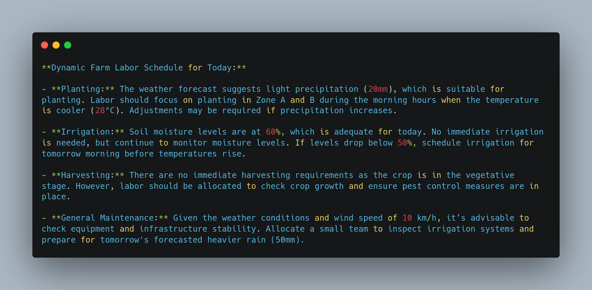 Dynamic Farm Labor Schedule for Today lists tasks under four headings: Planting, Irrigation, Harvesting, and General Maintenance. Planting suggests focusing on planting zones with lighter precipitation and cooler temperatures. Irrigation indicates soil moisture is adequate but to monitor it. Harvesting requires checking crop growth and pest control. General Maintenance advises inspecting equipment due to weather conditions and preparing for heavier rain tomorrow.