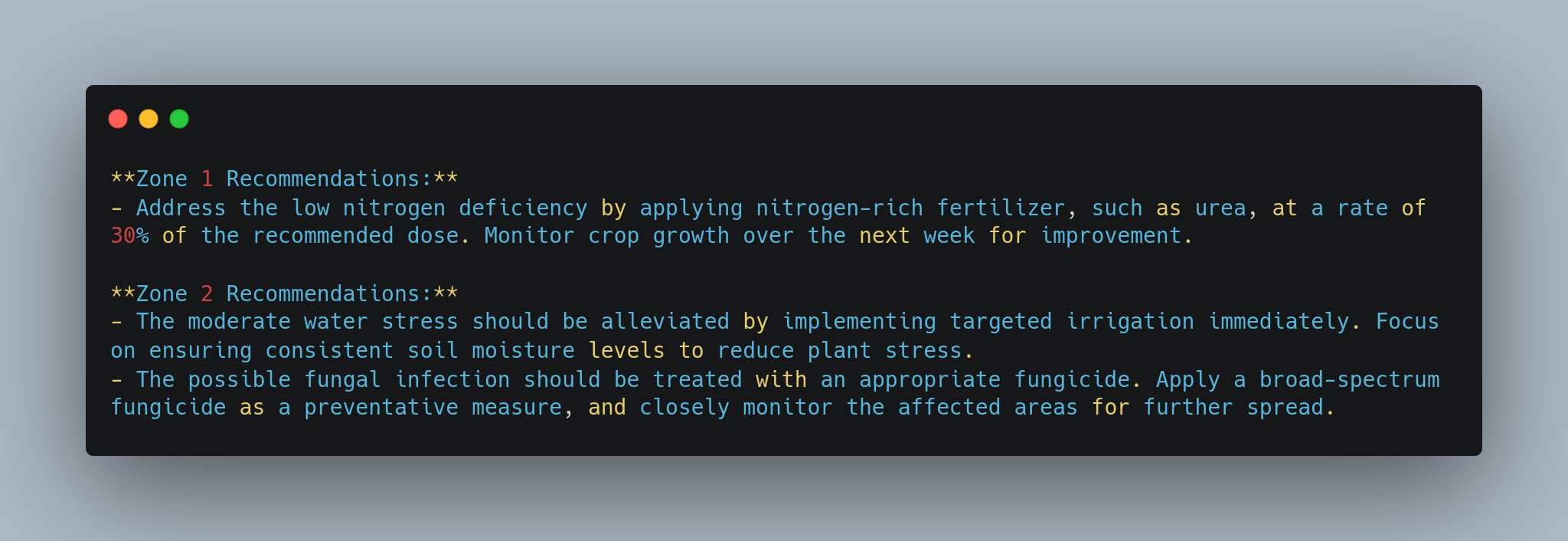 The image shows a text document with agricultural recommendations. Zone 1 suggests addressing low nitrogen deficiency by applying nitrogen-rich fertilizer at 30% of the recommended dose and monitoring crop growth. Zone 2 recommends alleviating water stress through targeted irrigation, maintaining consistent soil moisture, and treating a possible fungal infection with a broad-spectrum fungicide while monitoring affected areas. - lunartech.ai