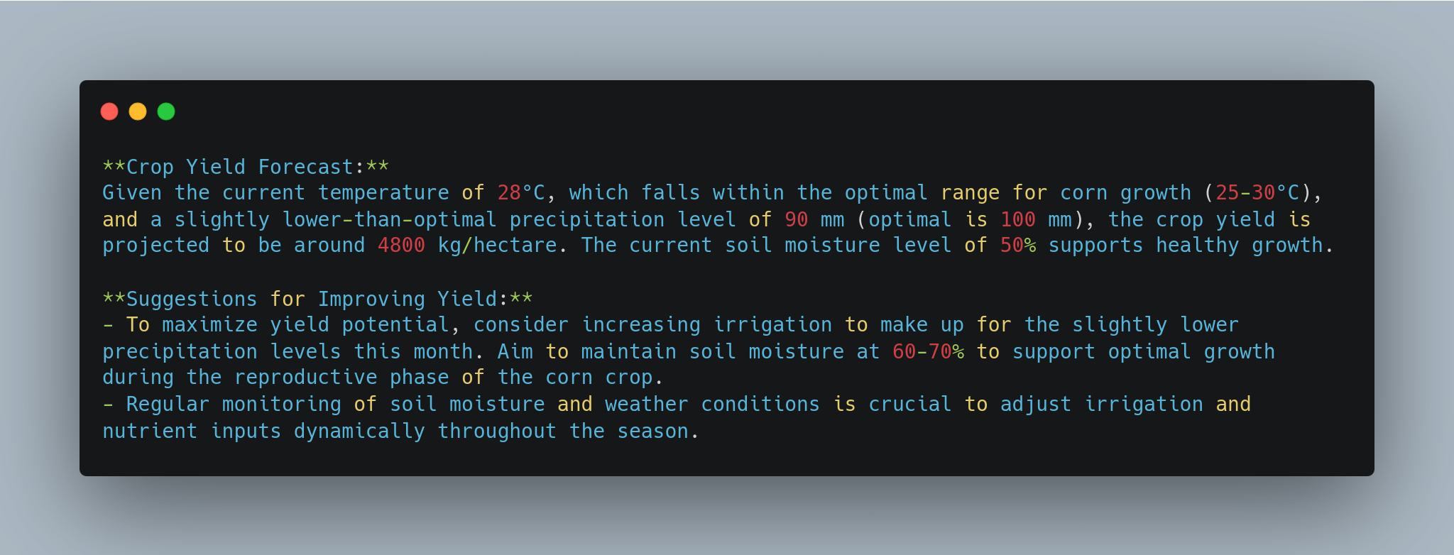 A terminal window displays text about a corn crop yield forecast and suggestions for improving yield. The temperature is 28°C, slightly lower-than-optimal precipitation level of 90mm, with a projected yield of 4800 kg/hectare. Soil moisture supports healthy growth at 50%. Recommendations include increasing irrigation and monitoring soil moisture and weather conditions. - lunartech.ai