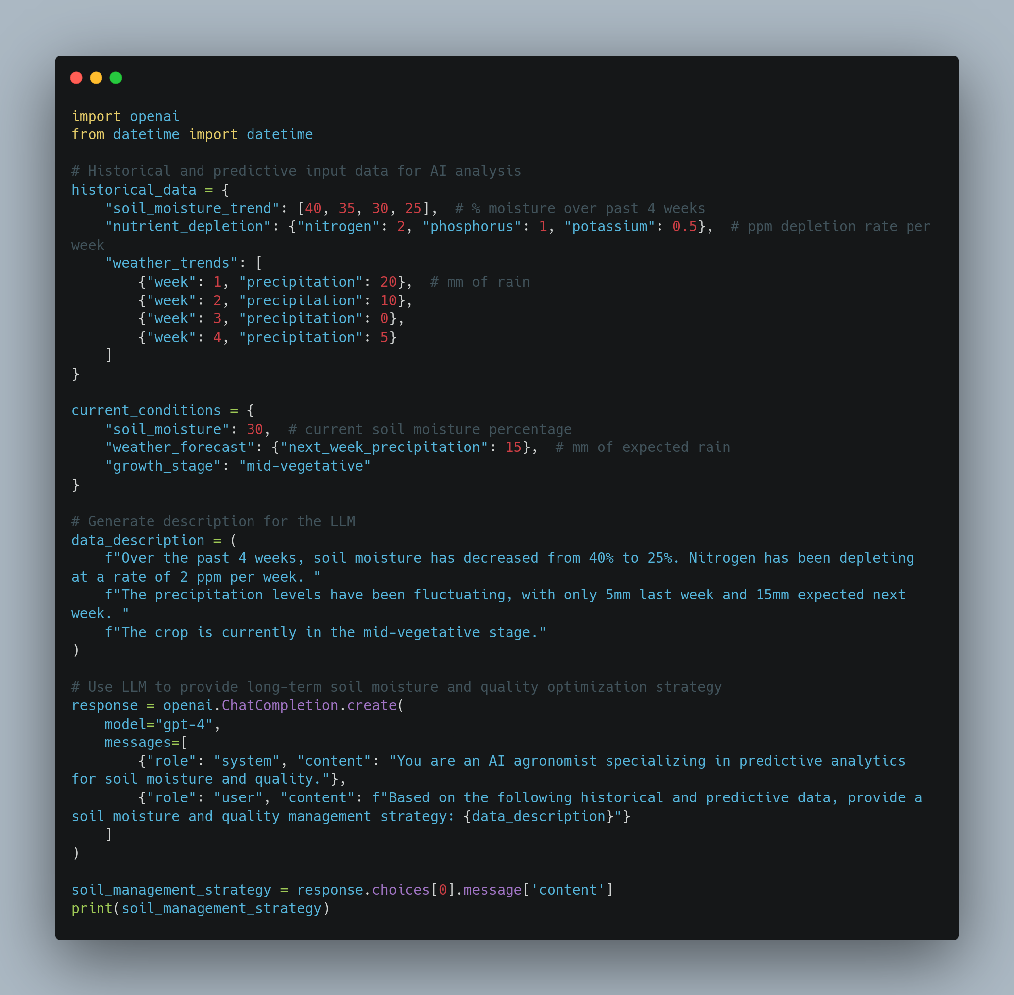 A screenshot of a Python script using OpenAI's API to generate a description of soil moisture and weather trends. The script imports required libraries, prepares historical data on soil moisture and nutrient depletion, sets current soil conditions, and defines a prompt for the AI model to generate a long-term soil management strategy based on the provided data. The script finally prints the generated soil management strategy. - lunartech.ai