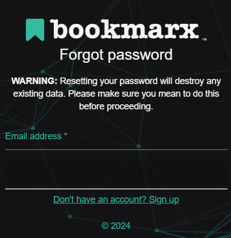 Image of password reset form on the bookmarx extension