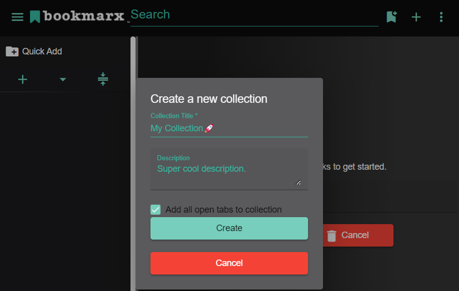 A snippet of the entire bookmarx extension showcasing the new 'add all open tabs to collection' checkbox on the form